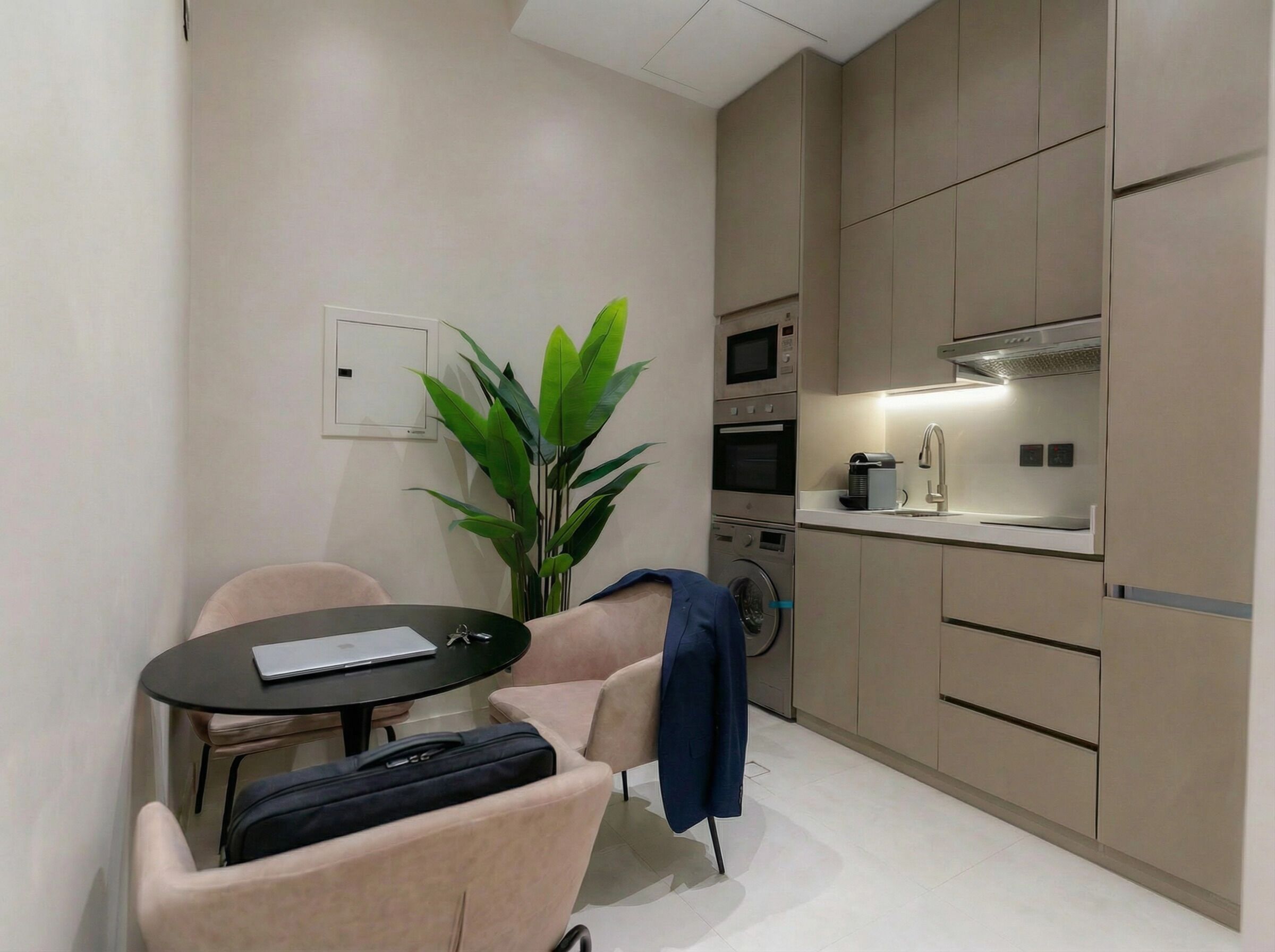 A compact hotel room with a kitchenette, a dining area with a table and chairs, and a potted plant.