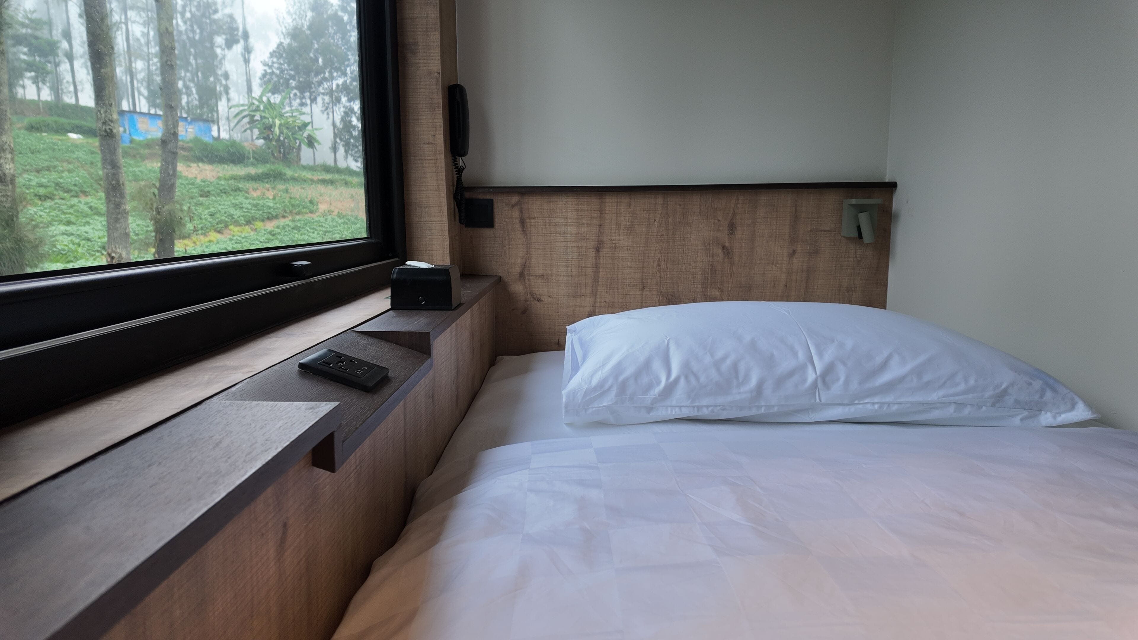 A bed with a wooden headboard, a bedside table with a power outlet, and a window with a view of trees and a building.