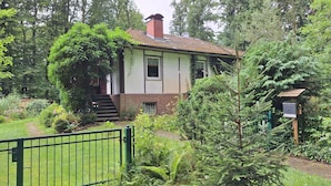 A house with a brick chimney, a small front porch, and a green metal gate.