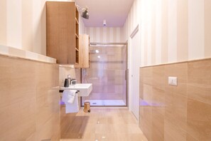 Shower, bidet, towels, shampoo