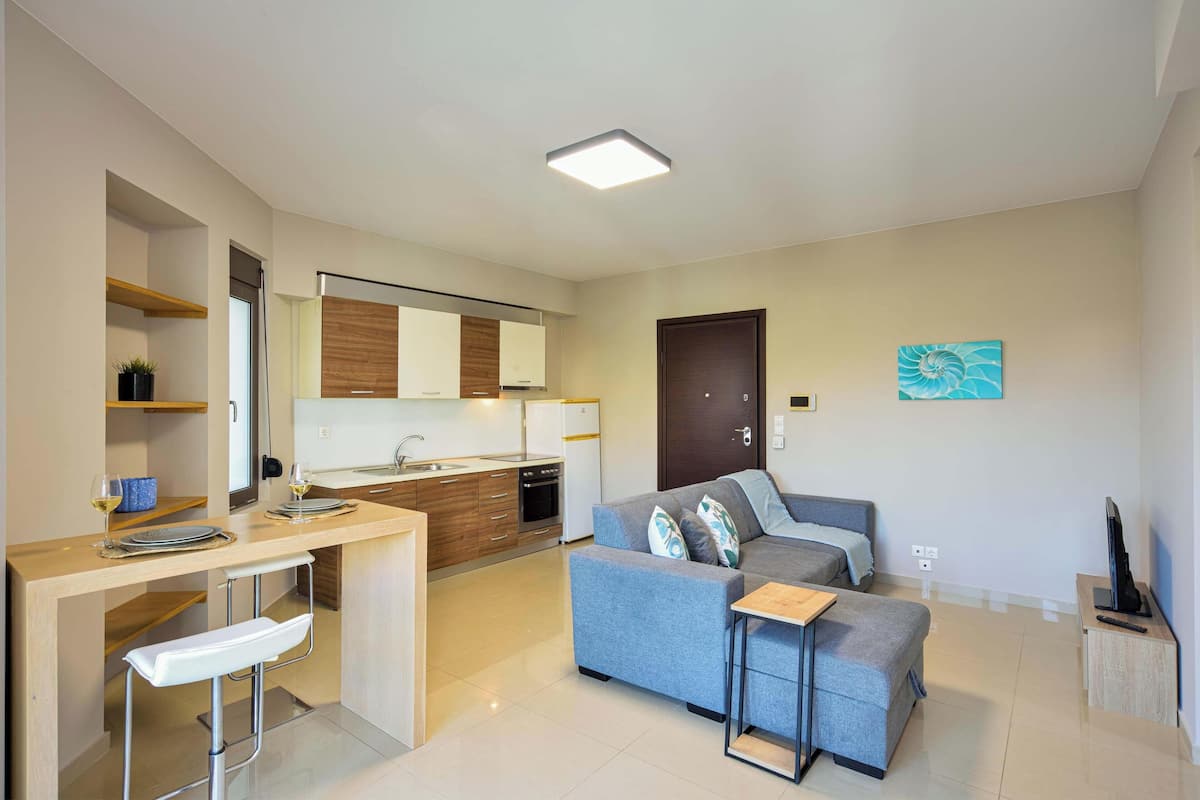 A modern apartment with a kitchen, a dining area, and a living room.