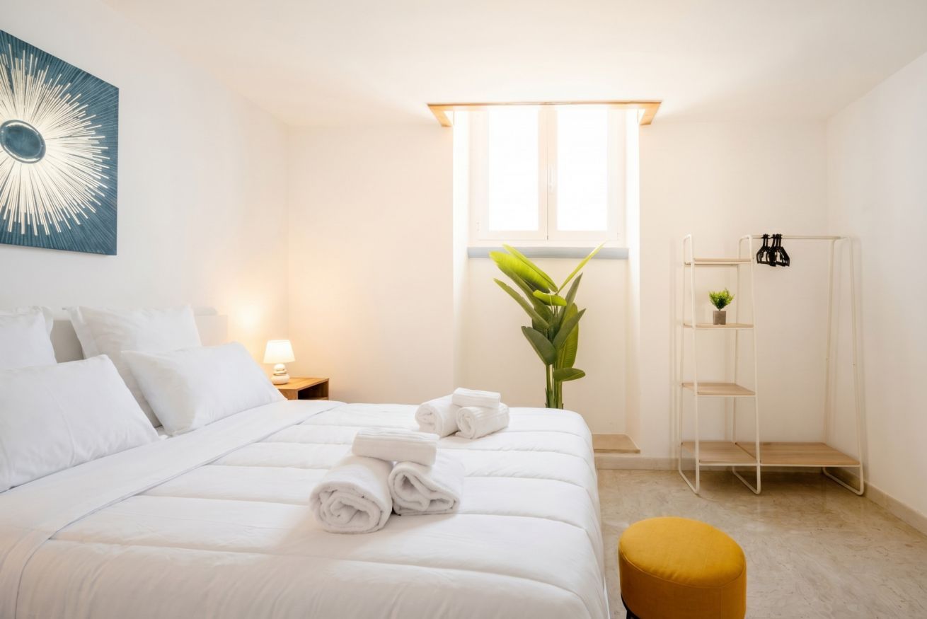 A hotel room with a bed, a bedside table with a lamp, a window with blinds, a plant, and a white shelf unit.