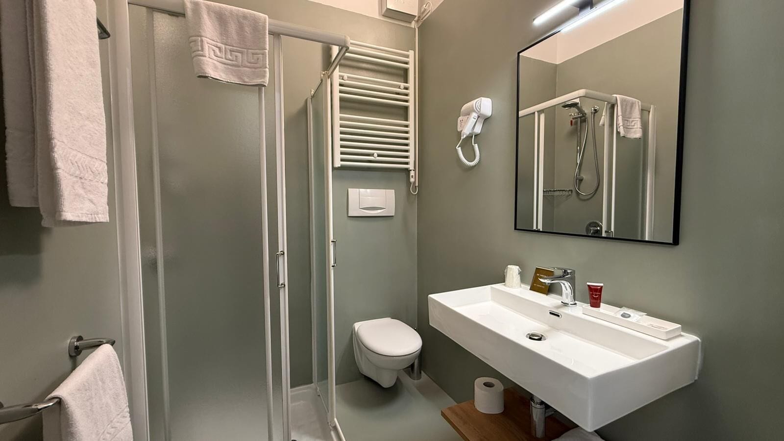 Ein modernes Badezimmer mit begehbarer Dusche, Toilette und Waschbecken mit Spiegel darüber.