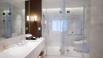 Suite Business, vistas a la ciudad | Baño | Artículos de higiene personal gratuitos, secador de pelo y zapatillas