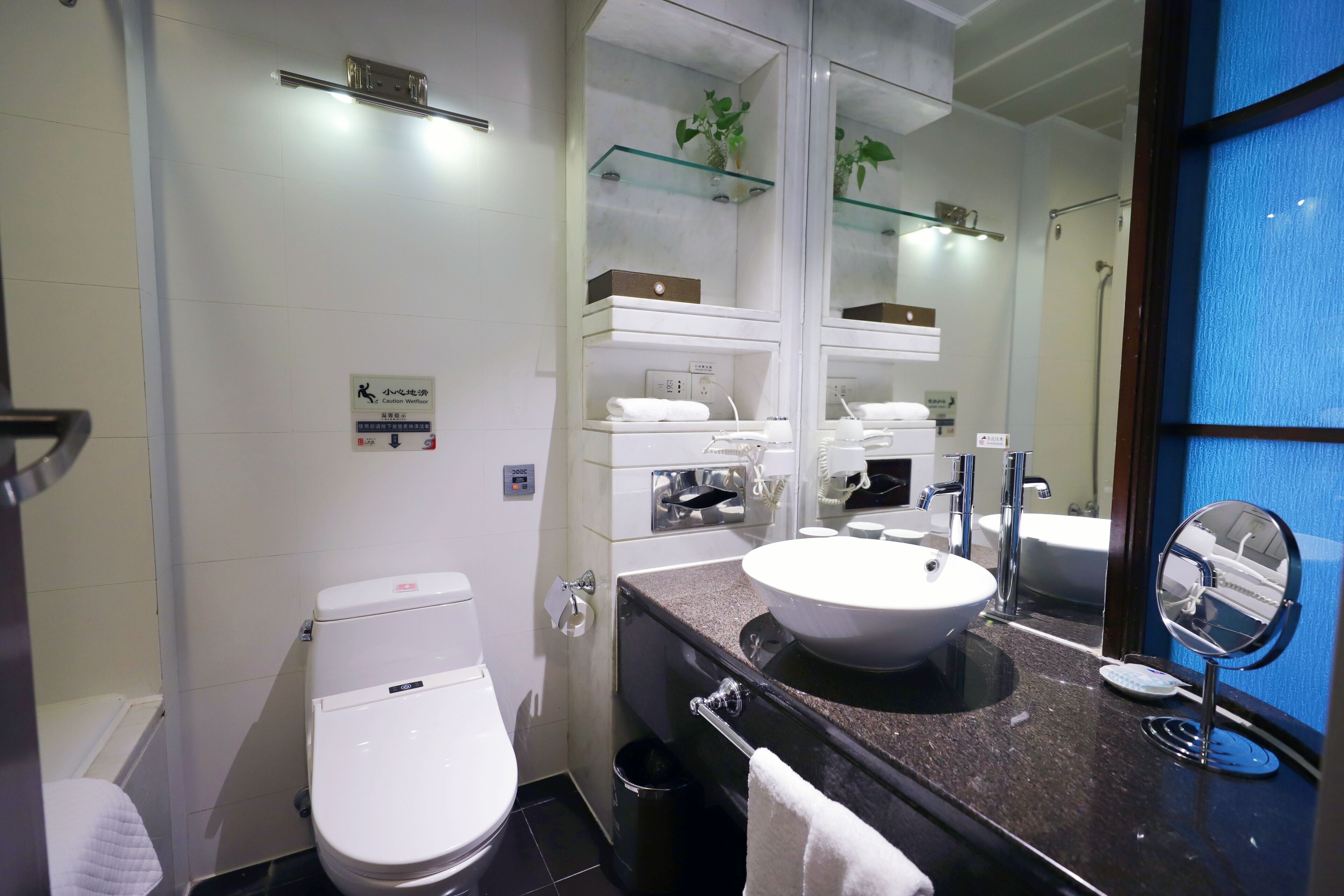 A modern bathroom with a white toilet, a sink with a glass shelf above, and a mirror.