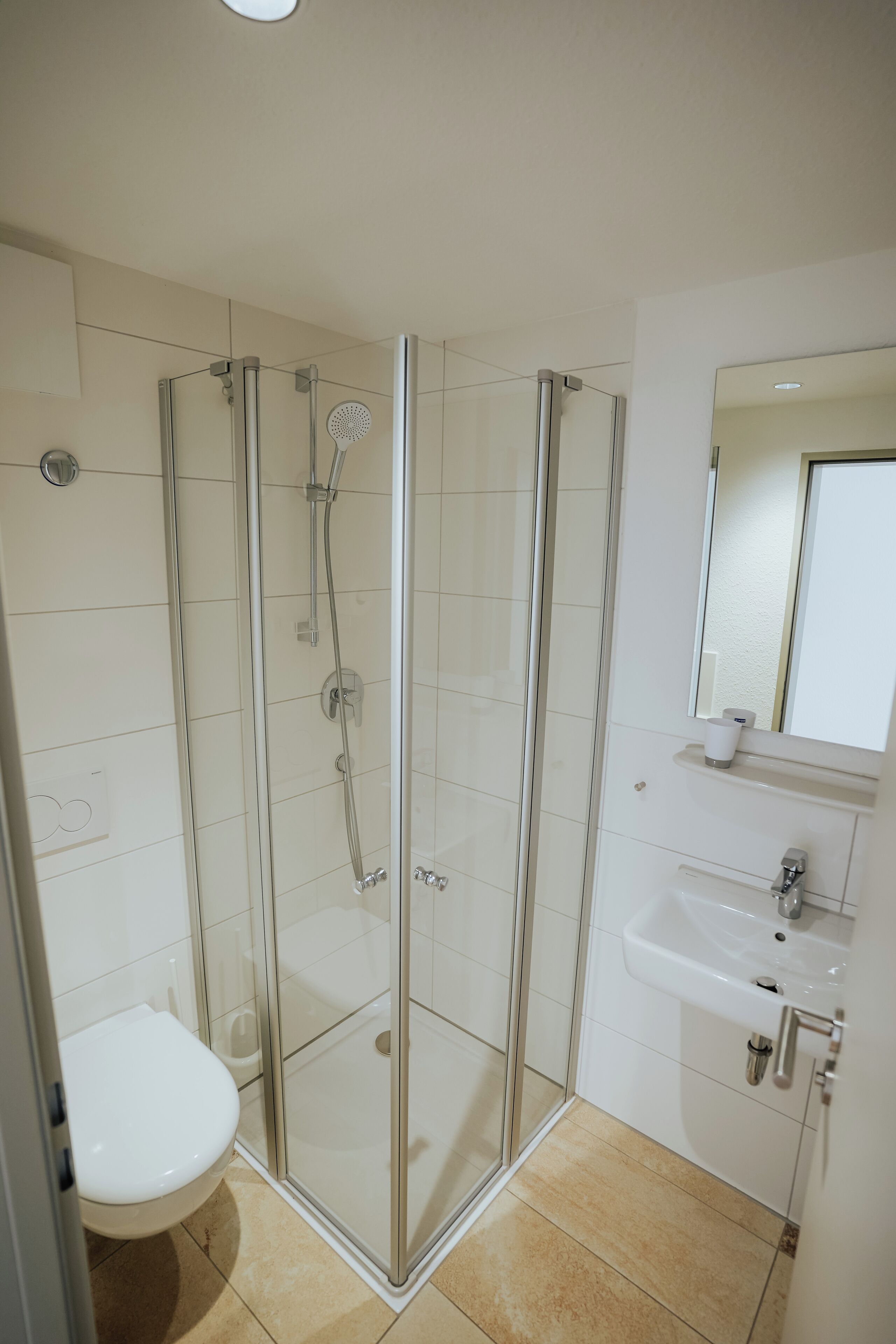 Un baño moderno con ducha de vidrio, lavamanos blanco y un inodoro.