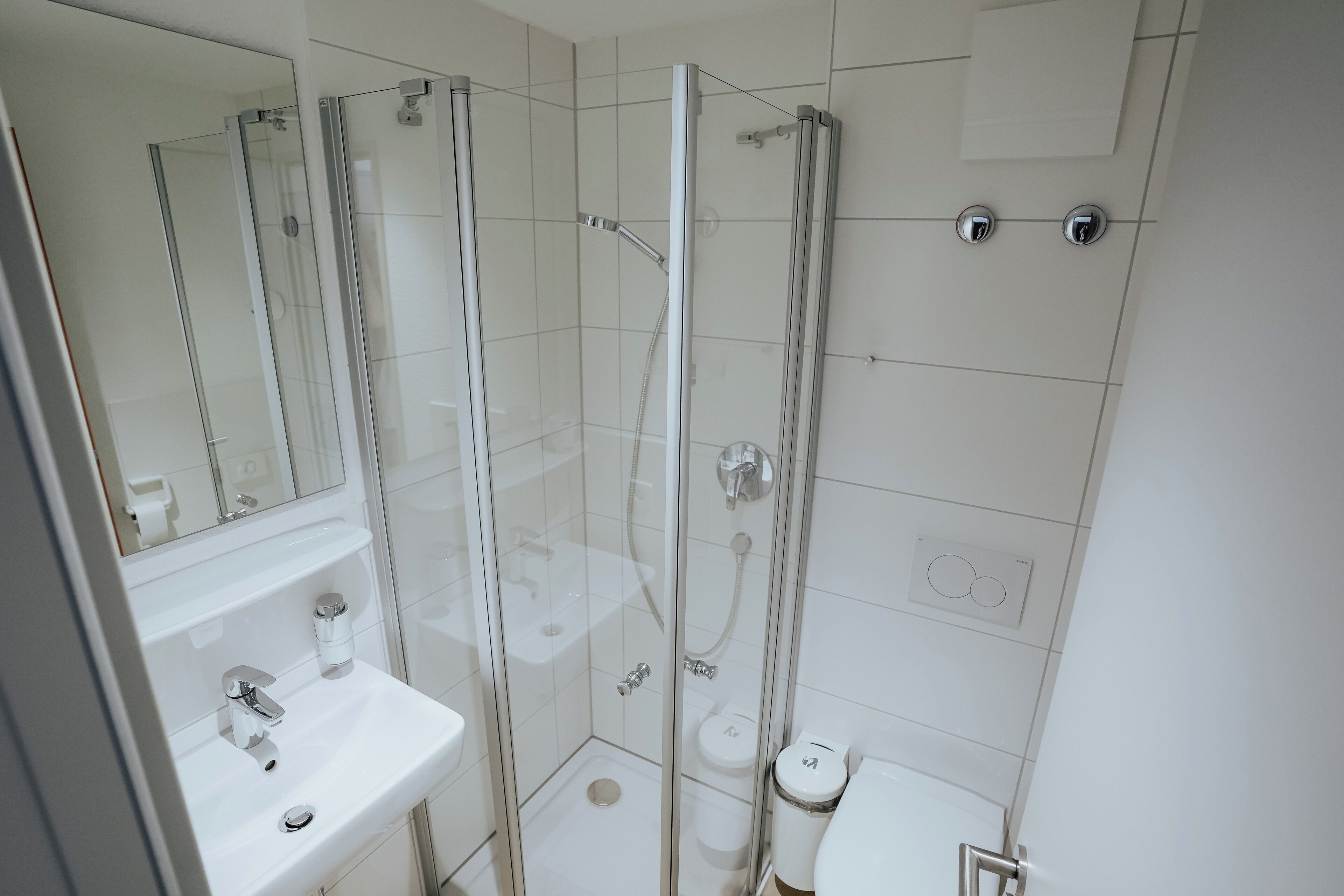A modern bathroom with a glass-enclosed shower, a white sink, and a toilet.