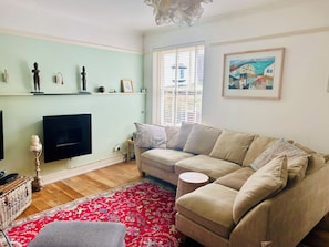 TV, fireplace, DVD player, books