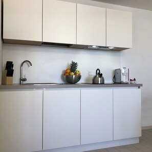 Fridge, microwave, stovetop, coffee/tea maker