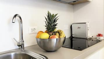 Fridge, microwave, stovetop, coffee/tea maker