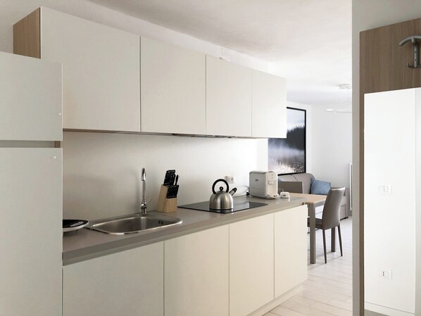 Kühlschrank, Mikrowelle, Herdplatte, Wasserkocher mit Kaffee-/Teezubehör