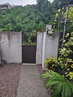 Um caminho de concreto leva a um portão com cerca de metal e vegetação.
