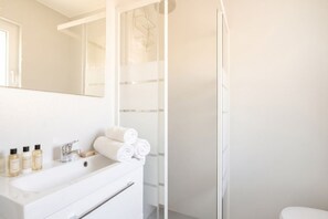 Shower, bidet, towels, shampoo