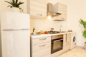 Una cocina moderna equipada con refrigerador, horno, estufa, lavaplatos y lavadora.