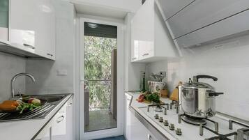 Family Apartment, Multiple Bedrooms, 2 Bathrooms (Owl House) | Private kitchen | Fridge, microwave, oven, stovetop