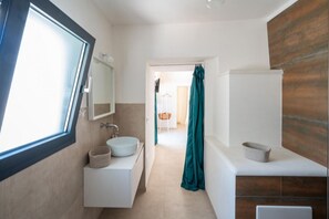 Shower, bidet, towels, shampoo