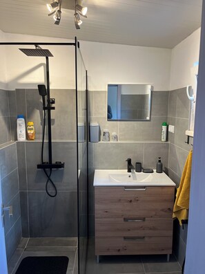 Hair dryer, towels, soap, toilet paper