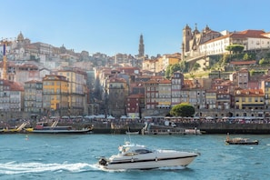 A waterfront cityscape with historic buildings, a boat on the water, and a crowd by the shore.