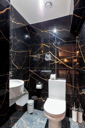 Une salle de bain moderne avec des toilettes, un lavabo et un miroir.