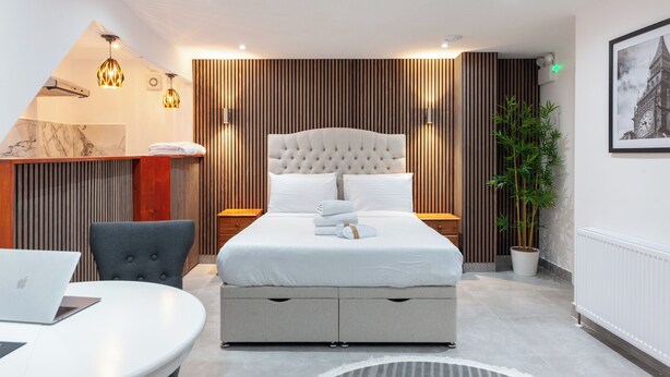 Une chambre d’hôtel moderne avec un grand lit, des tables de chevet, un bureau et une plante en pot.