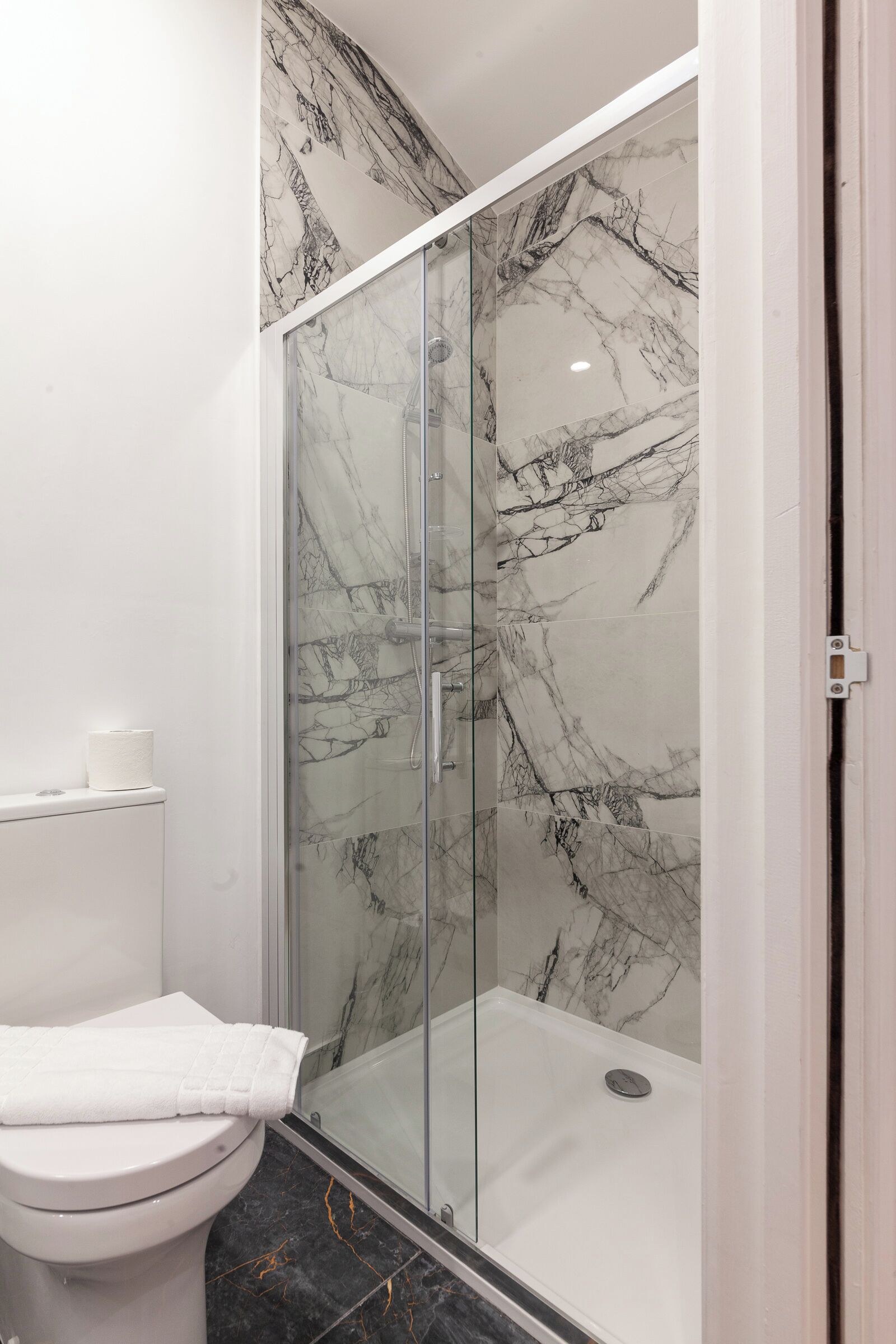 A bathroom with a glass-enclosed shower, a toilet, and a marble wall.
