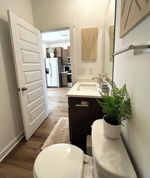 Hair dryer, towels, soap, toilet paper