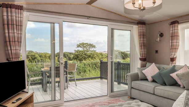 A modern living room with a large sliding glass door leading to a balcony, a grey sofa with cushions, a pink rug, and a television on a wooden stand. - Maple Lodge (Newton Abbot)