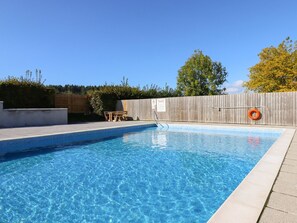 A rectangular swimming pool with clear blue water, surrounded by a wooden deck and a wooden fence. - Maple Lodge (Newton Abbot)