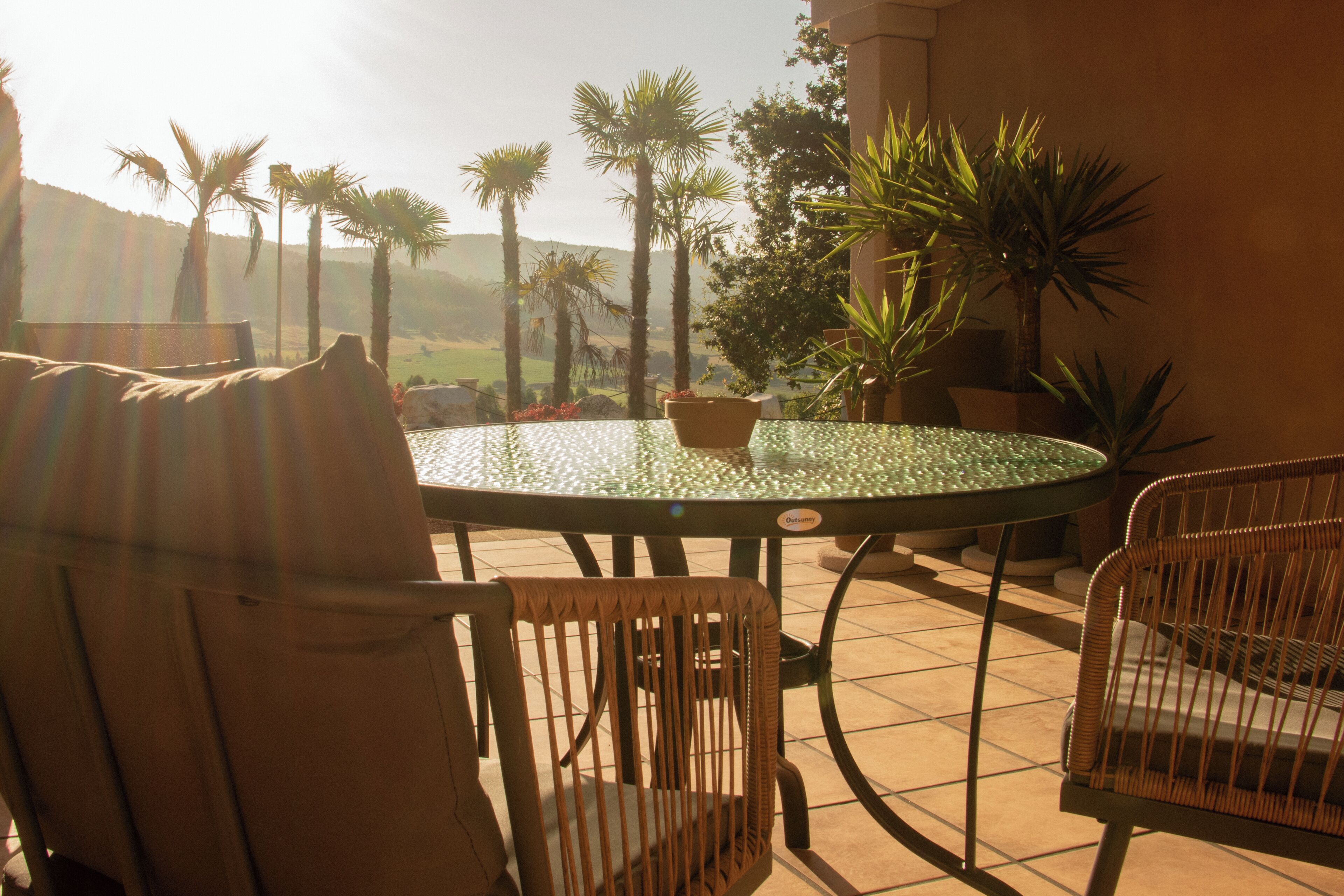 A round glass table with chairs, surrounded by potted plants and palm trees, set on a tiled patio.