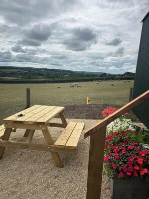 A picnic table with a view of a field with sheep. - 1 Bed Hut - Sleeps 2 - Parking - Smoking (Bristol)