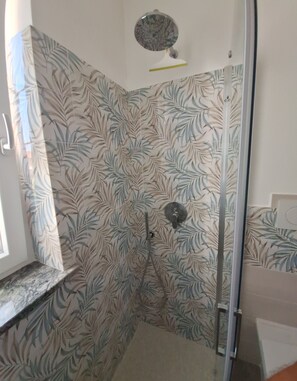 Shower, hair dryer, bidet, towels