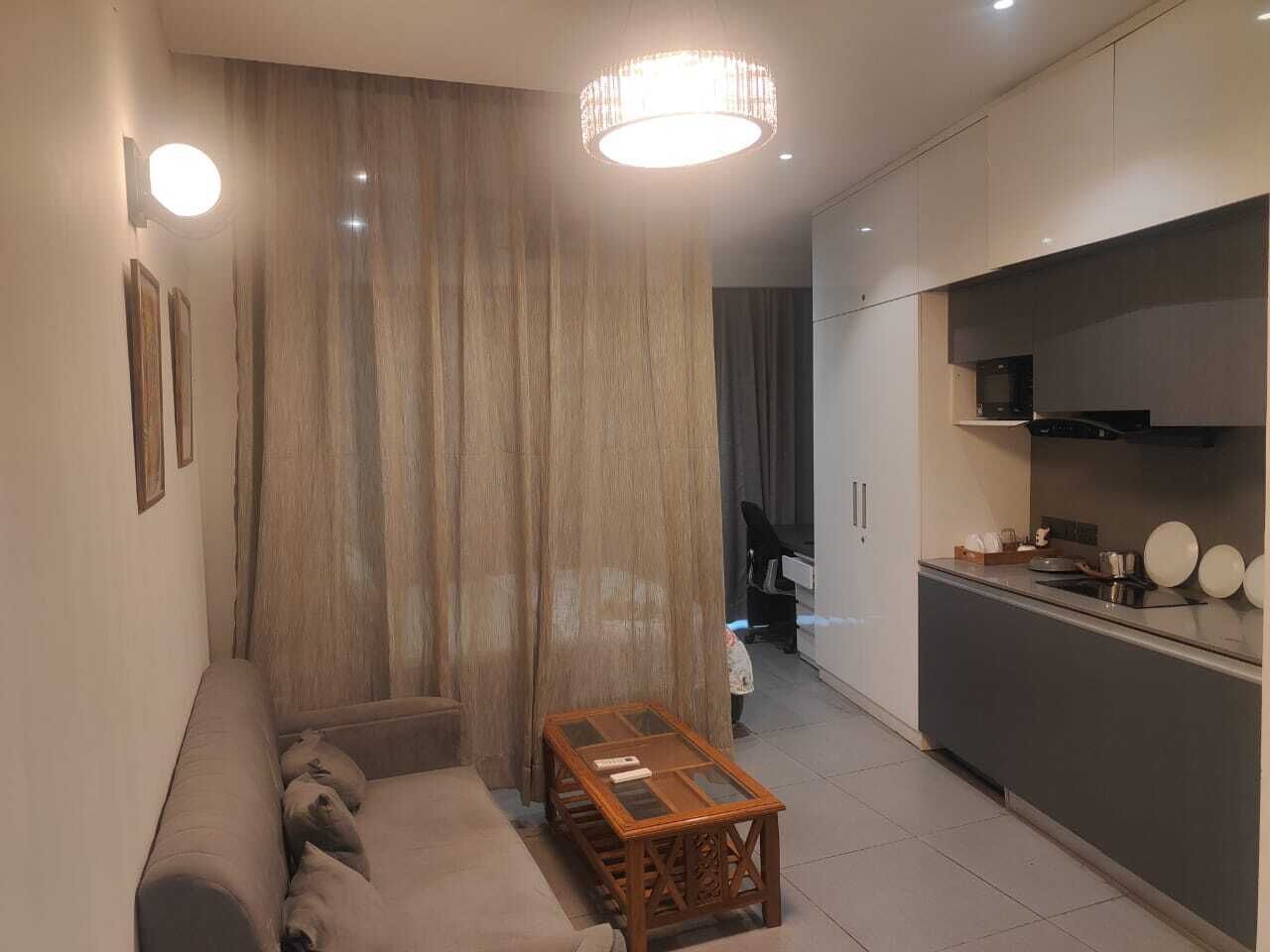 Una sala de estar moderna con un sofá, una mesa de centro de madera y una zona de cocina con un microondas y una estufa.