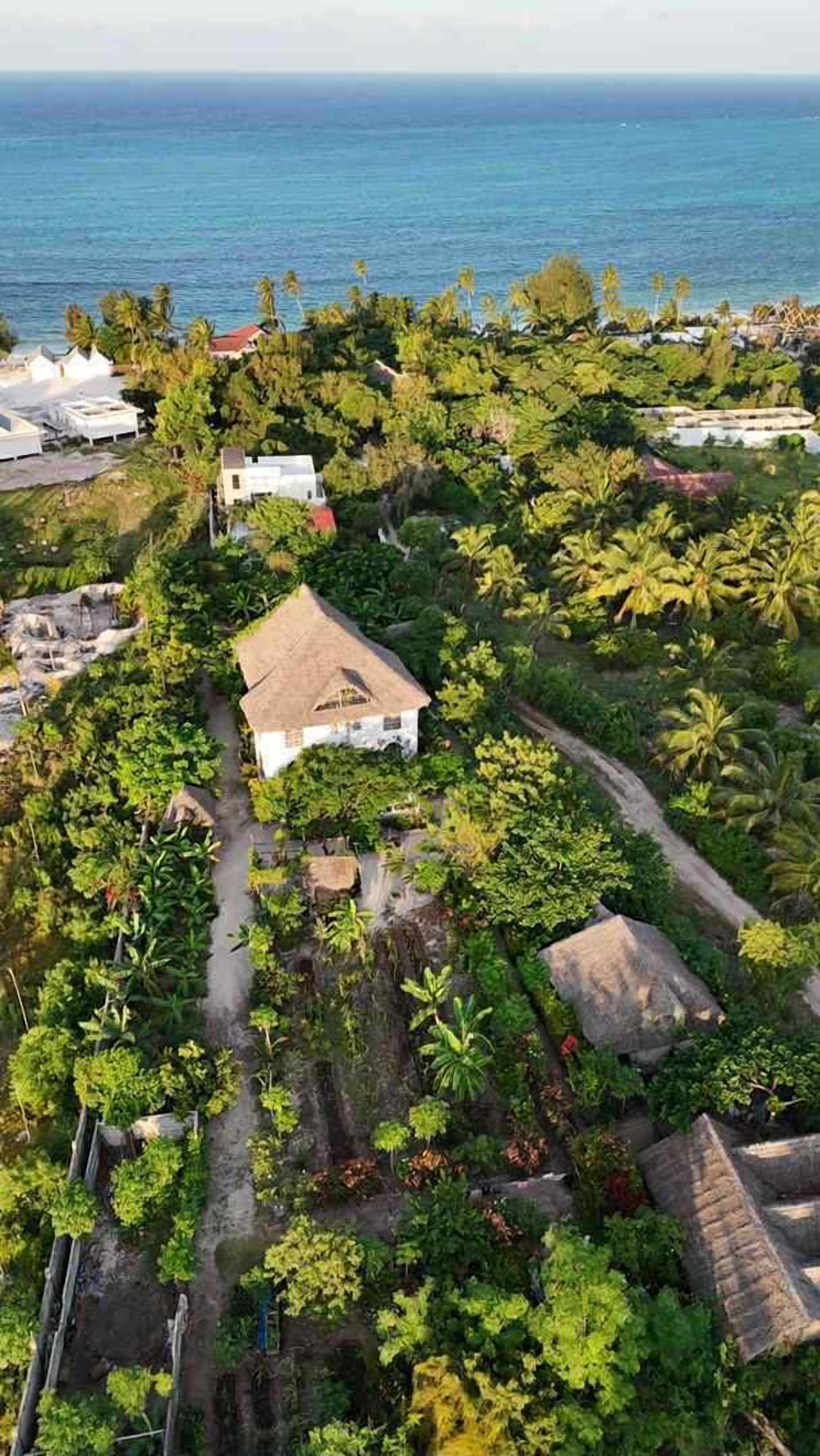 An aerial view of a property with a central building surrounded by dense vegetation and a clear view of the ocean.