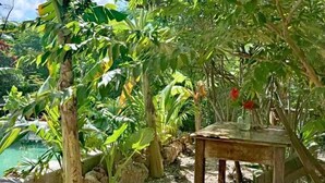 A wooden table with a vase of red flowers, surrounded by lush greenery and a rocky landscape. - Villa Noemi by the Sea (Bwejuu)