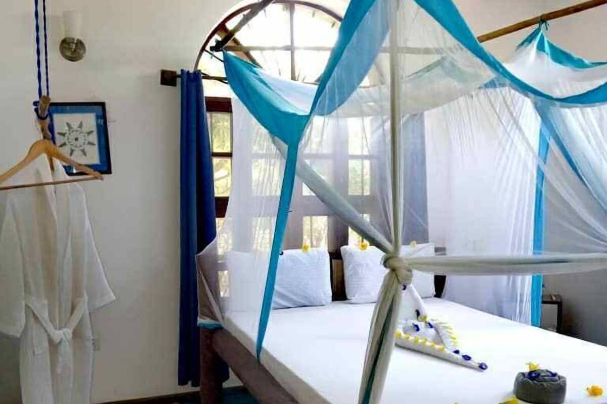 Een kamer met een bed onder een blauw hemeltentje, een houten vloer en een witte muur met een fotolijst.