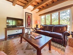 Smart TV, fireplace, books