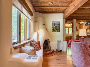 Smart TV, fireplace, books