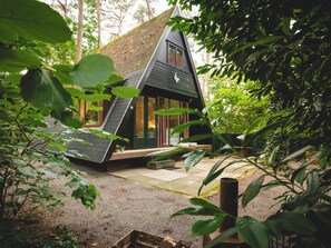 Una pequeña casa triangular con techo inclinado, rodeada de abundante vegetación.