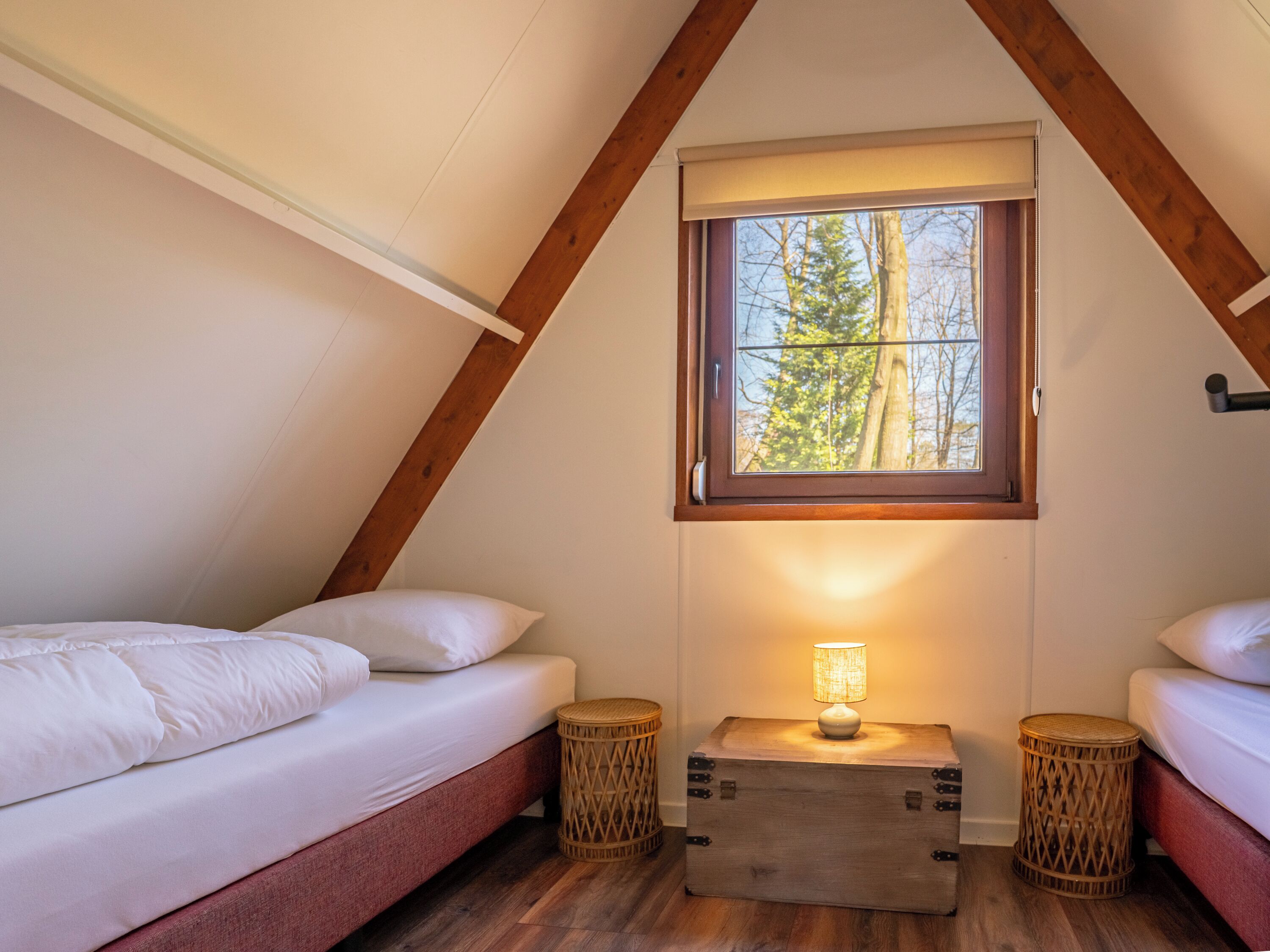 A cozy bedroom with two beds, a window with a view of trees, and a bedside lamp.