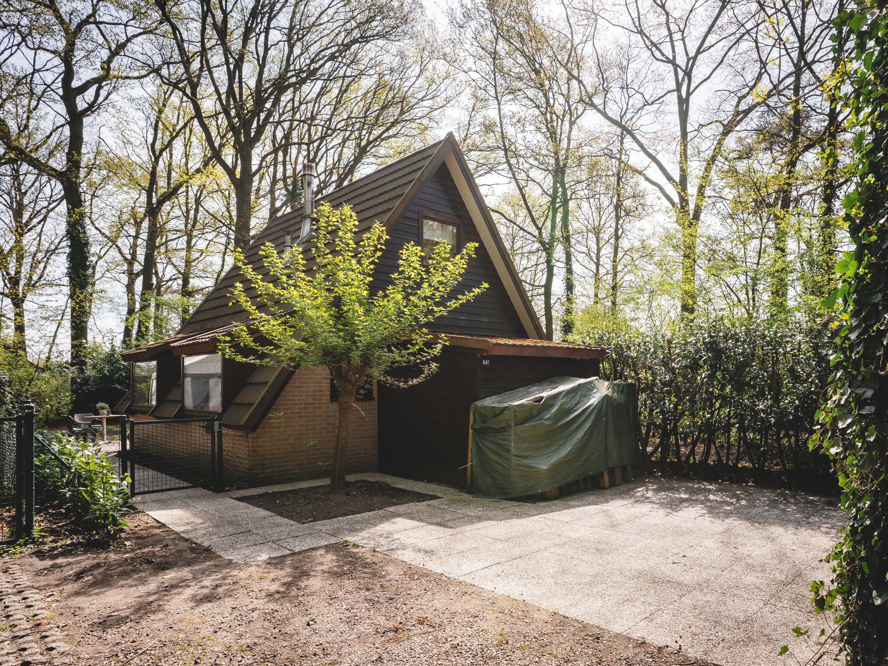 A small, single-story house with a sloped roof, surrounded by trees and a gravel driveway.