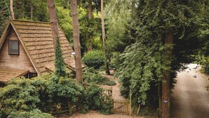 A rustic cabin with a thatched roof, surrounded by dense forest and a gravel path leading to it. - Boshuisje Rekem Two-Bedroom Houses (Lanaken)