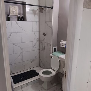 Hair dryer, towels, soap, toilet paper