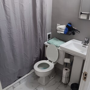 Hair dryer, towels, soap, toilet paper