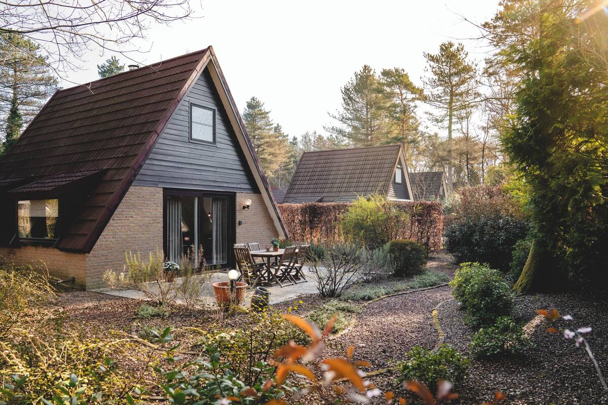 A house with a sloped roof, a patio with a table and chairs, and a garden with various plants and shrubs.
