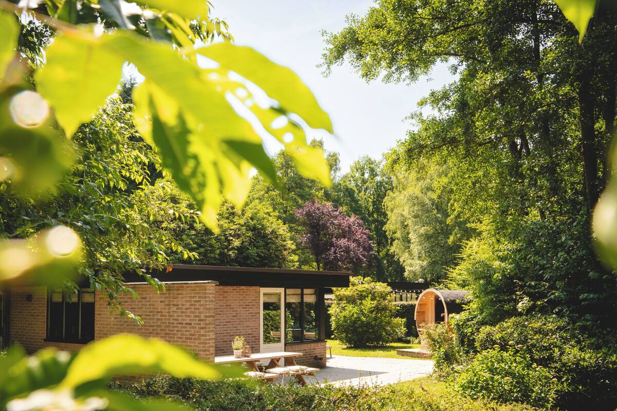A modern house with a brick exterior, a wooden deck, and a garden with various plants and a pergola.