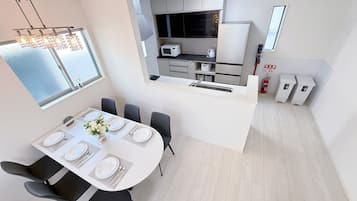 Fridge, microwave, stovetop, cookware/dishes/utensils