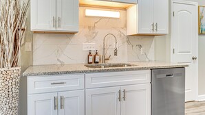 A kitchen with white cabinets, a granite countertop, a stainless steel sink, and a dishwash unit. - Sip, Dine & Explore Fountain Square: Indy Retreat! (Indianapolis)