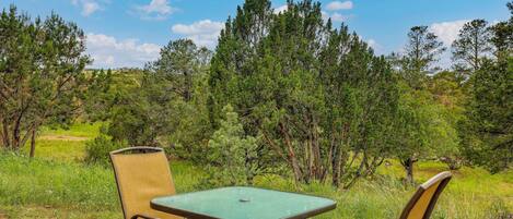 An outdoor seating area with a table and chairs, surrounded by trees and grass.