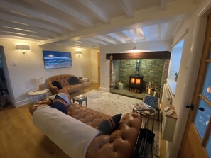 TV connectée, cheminée, livres, chaîne hi-fi