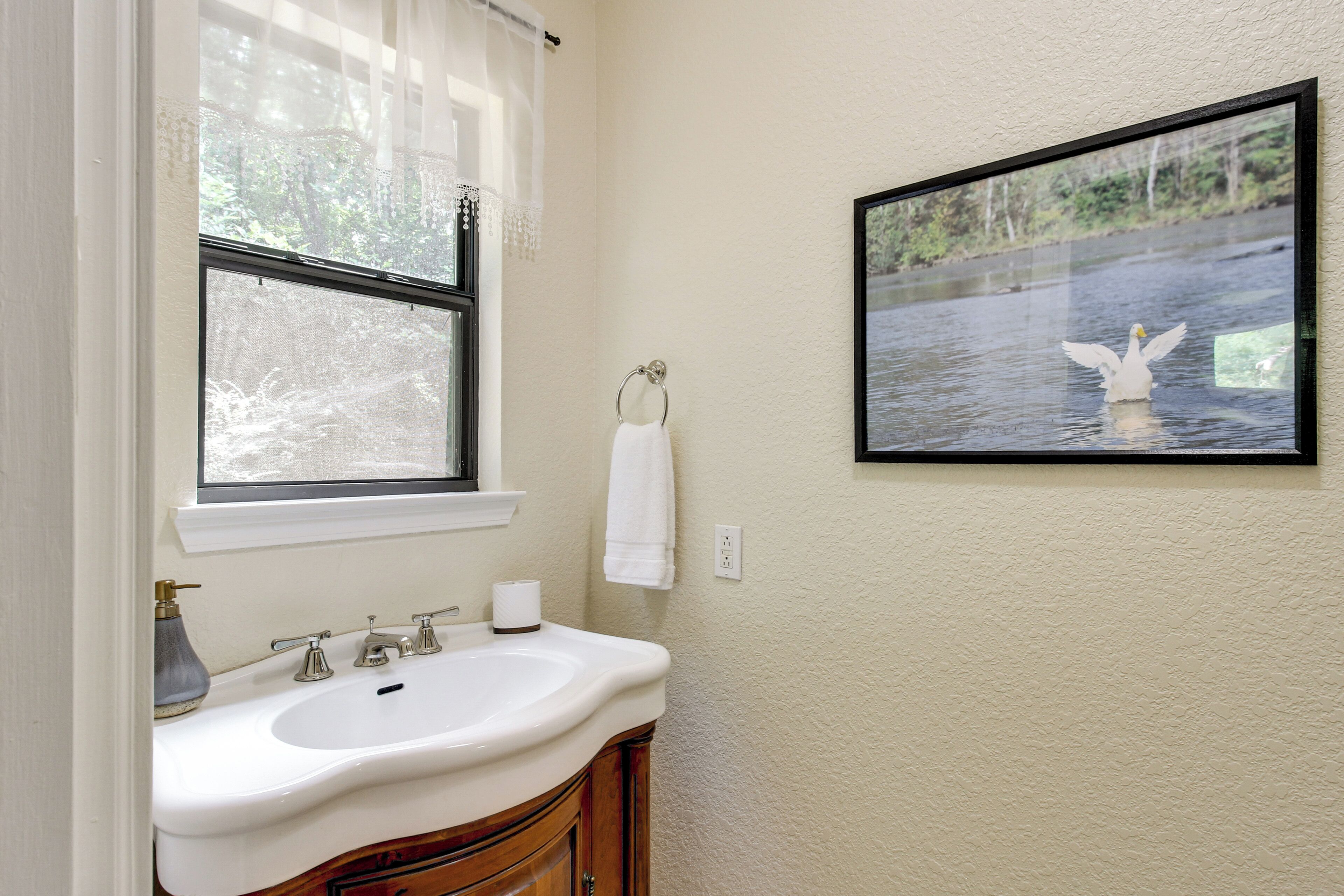 A bathroom with a white sink, a window with a view of a body of water, and a framed picture of a swan on the wall.